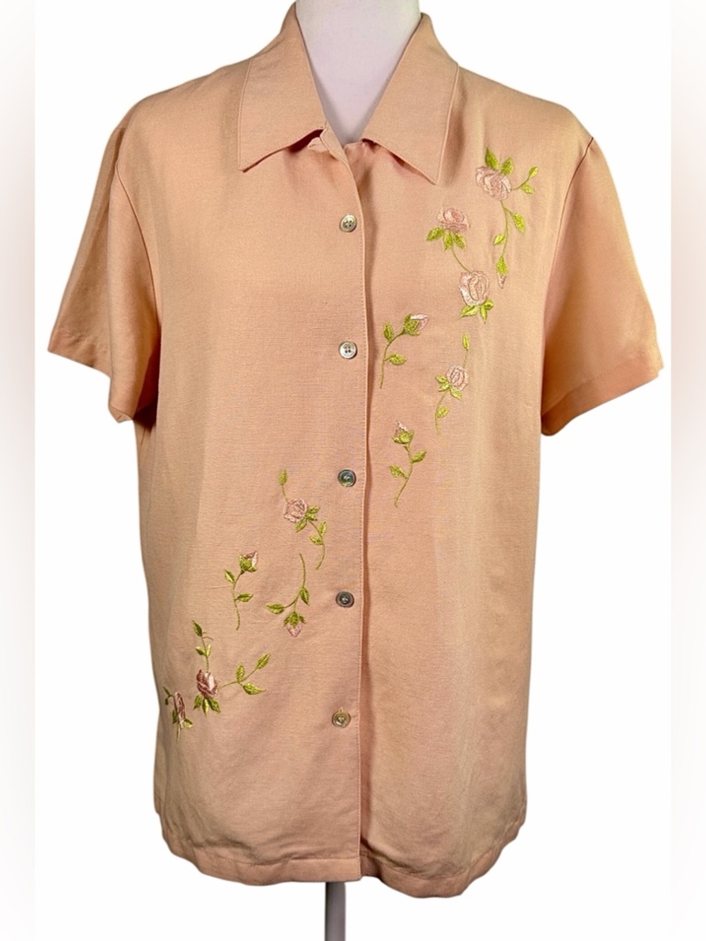 Emma James Linen Blend Coral Button-Front-floral Embroidered Top Size 12